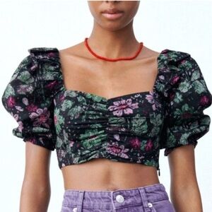 Zara Black and Pink Floral Crop Top